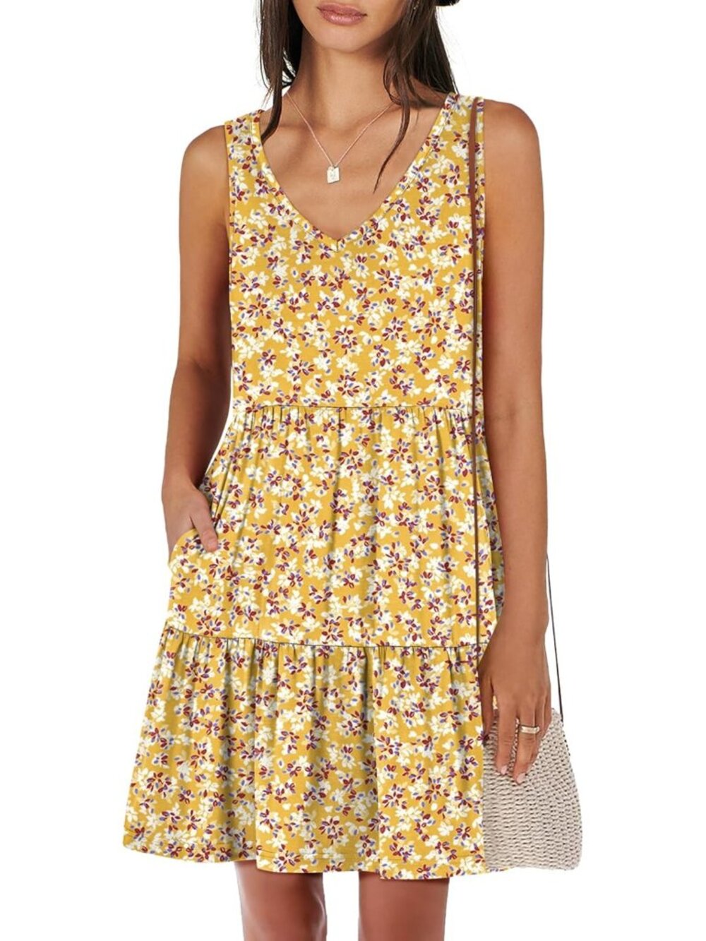 Women Yellow Floral Summer Casual Tank Dress Sleeveless V Neck T Shirt Sundress